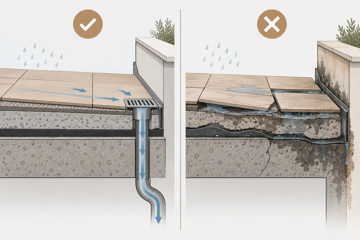 Cuándo conservar o levantar el pavimento de una terraza Comparación entre un pavimento de terraza estable y otro deteriorado