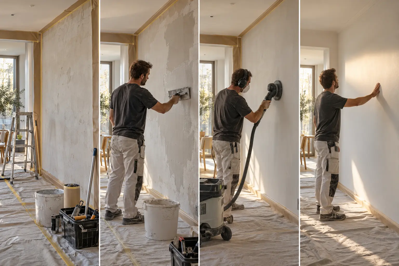 Fases principales del proceso profesional para alisar una pared