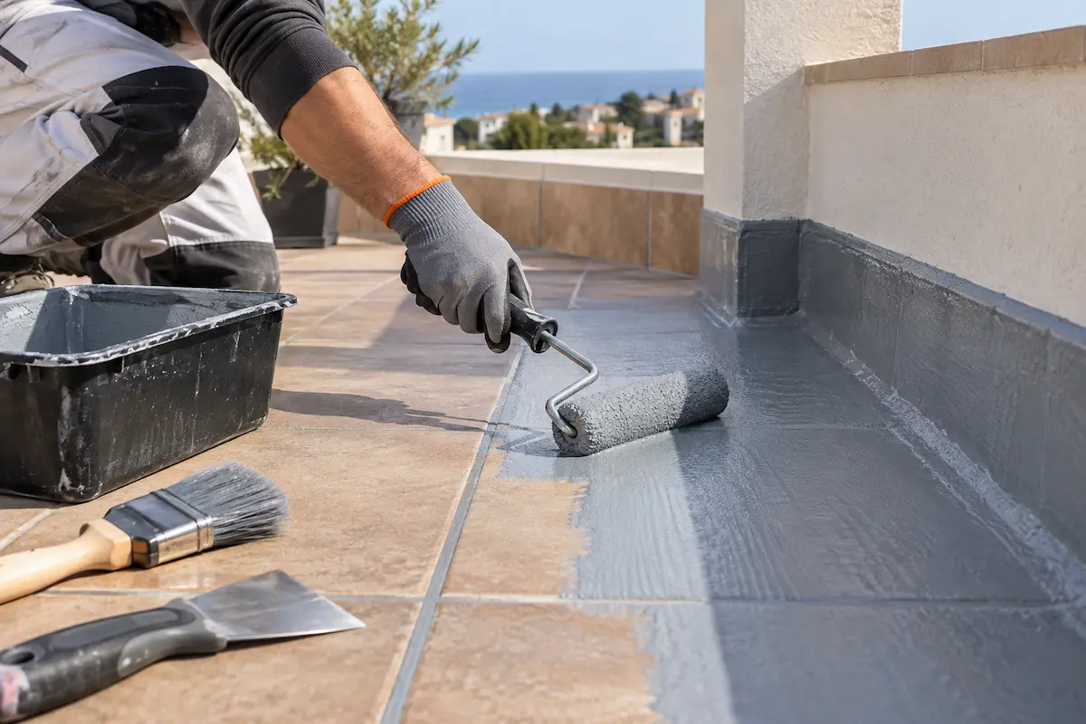 Membrana líquida sobre baldosas de terraza Aplicación profesional de membrana líquida sobre baldosas de una terraza