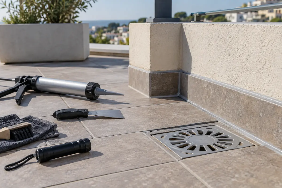 Reparar juntas y sumideros de una terraza Revisión de juntas y sumidero antes de impermeabilizar una terraza