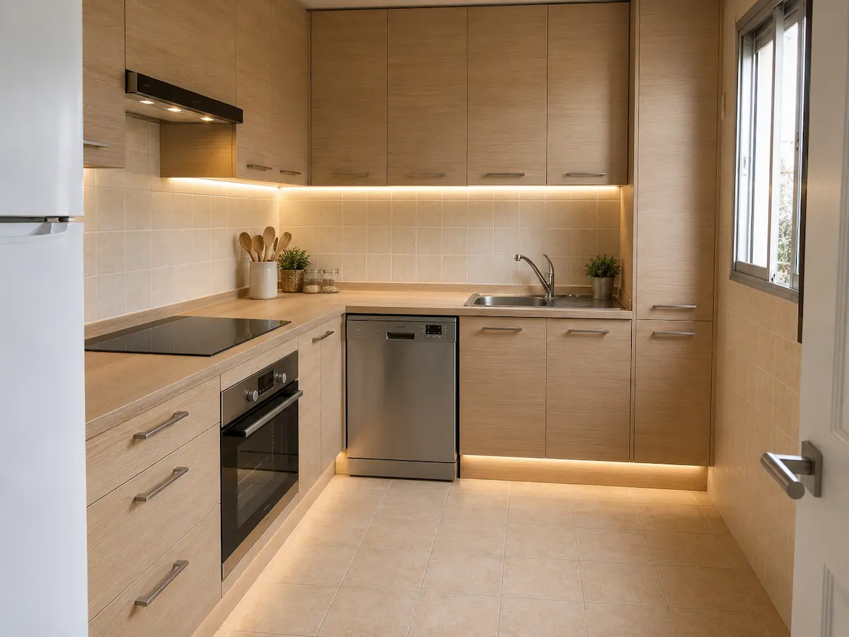 Cocina reformada con muebles de madera a medida y diseño moderno manteniendo el suelo y los azulejos originales.