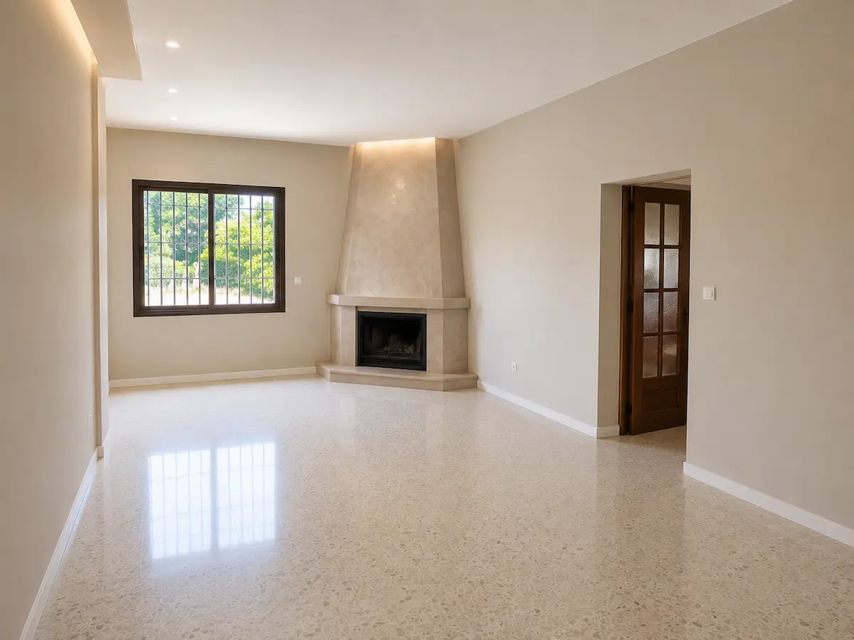 Salón y comedor de chalet con el gotelé eliminado, paredes lisas y acabado en estuco veneciano.
