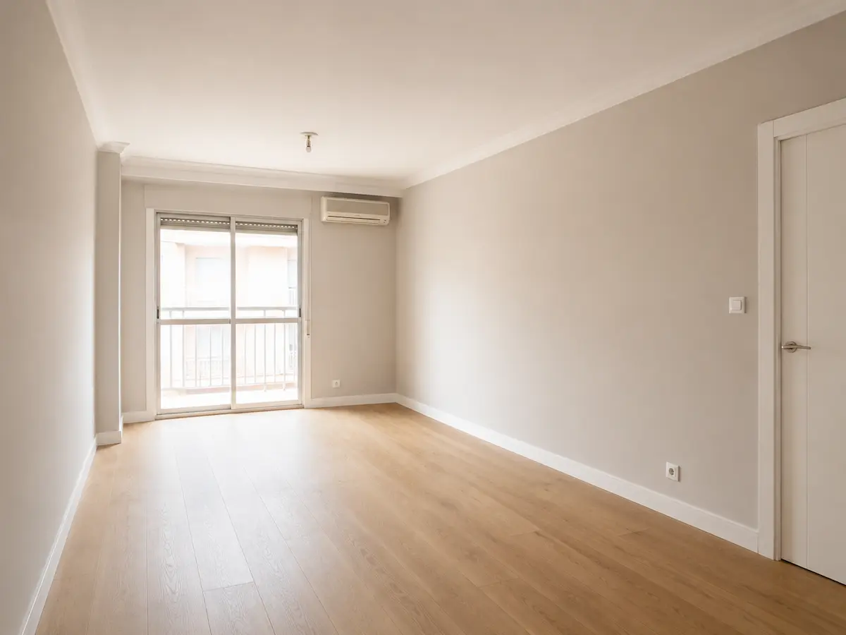 Salón reformado en una vivienda de Valencia con paredes lisas pintadas, suelo de parquet y puerta lacada en blanco.