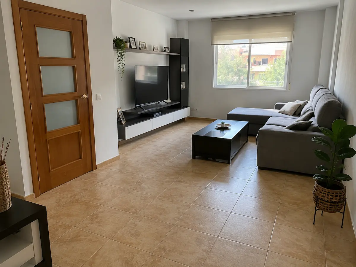 Salón de un piso con suelo cerámico antiguo de color beige desgastado antes de instalar un nuevo pavimento.