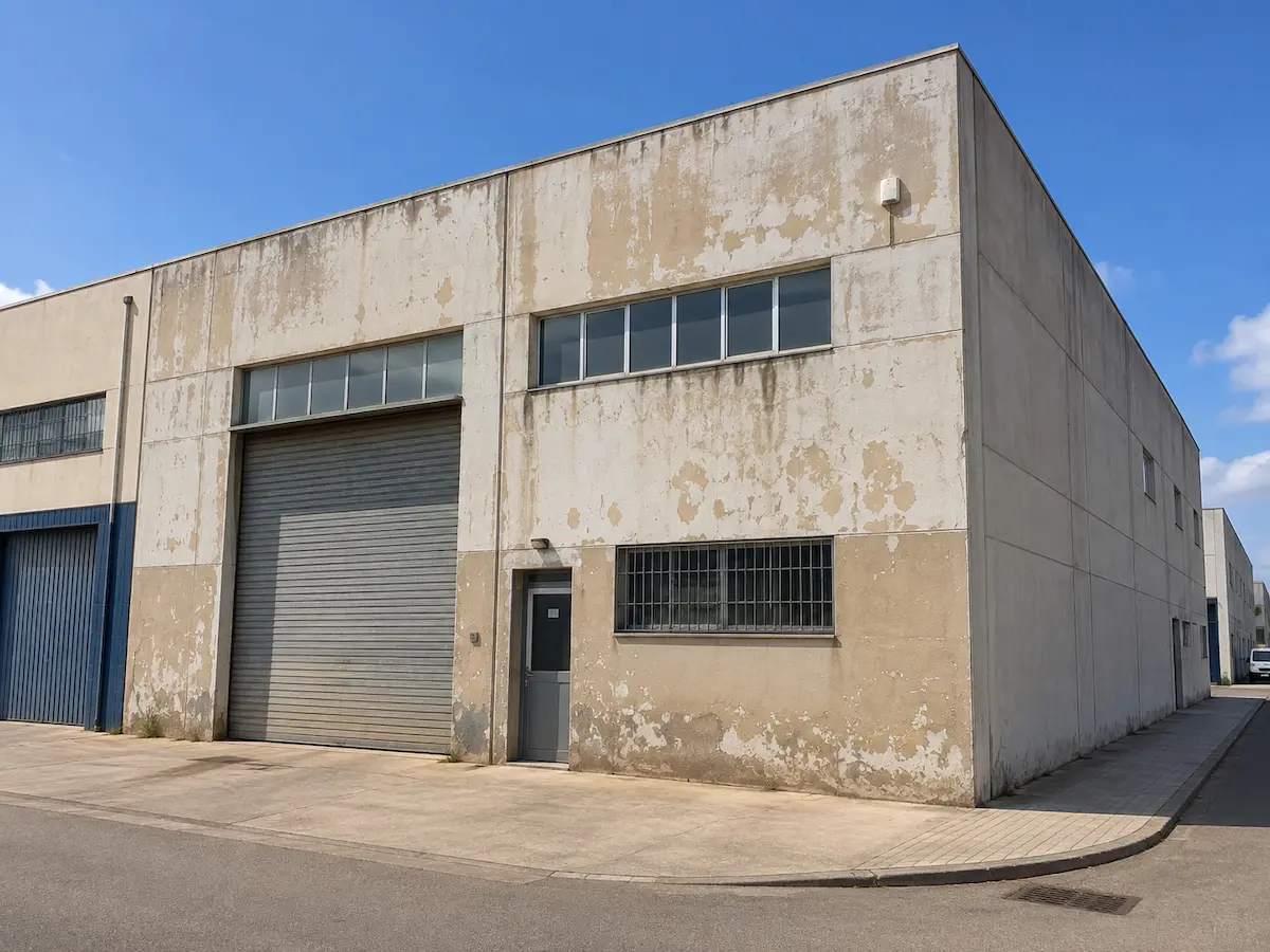 Pintores fachadas 3 Fachada deteriorada de nave industrial en Paterna antes de pintar