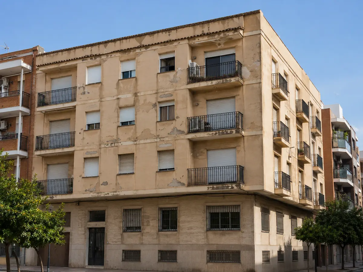 Fachada deteriorada de comunidad de propietarios antes de su rehabilitación en Valencia