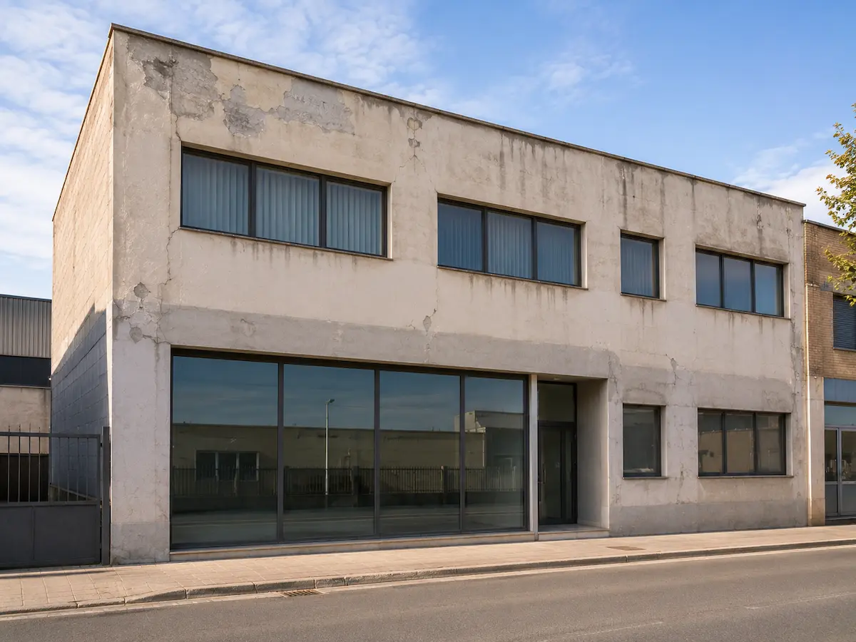Fachada deteriorada de edificio comercial antes de su rehabilitación en Paterna