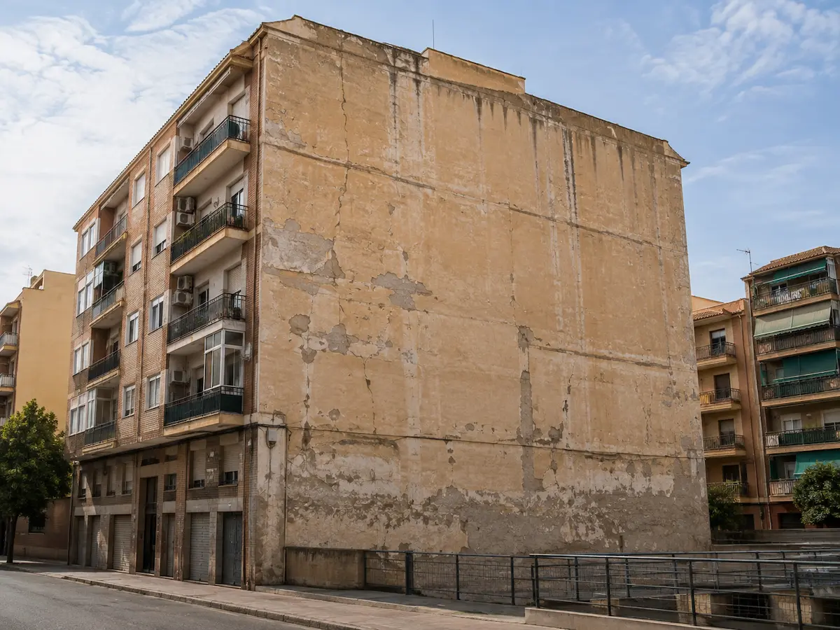 Fachada lateral deteriorada de edificio antes de su rehabilitación en Valencia