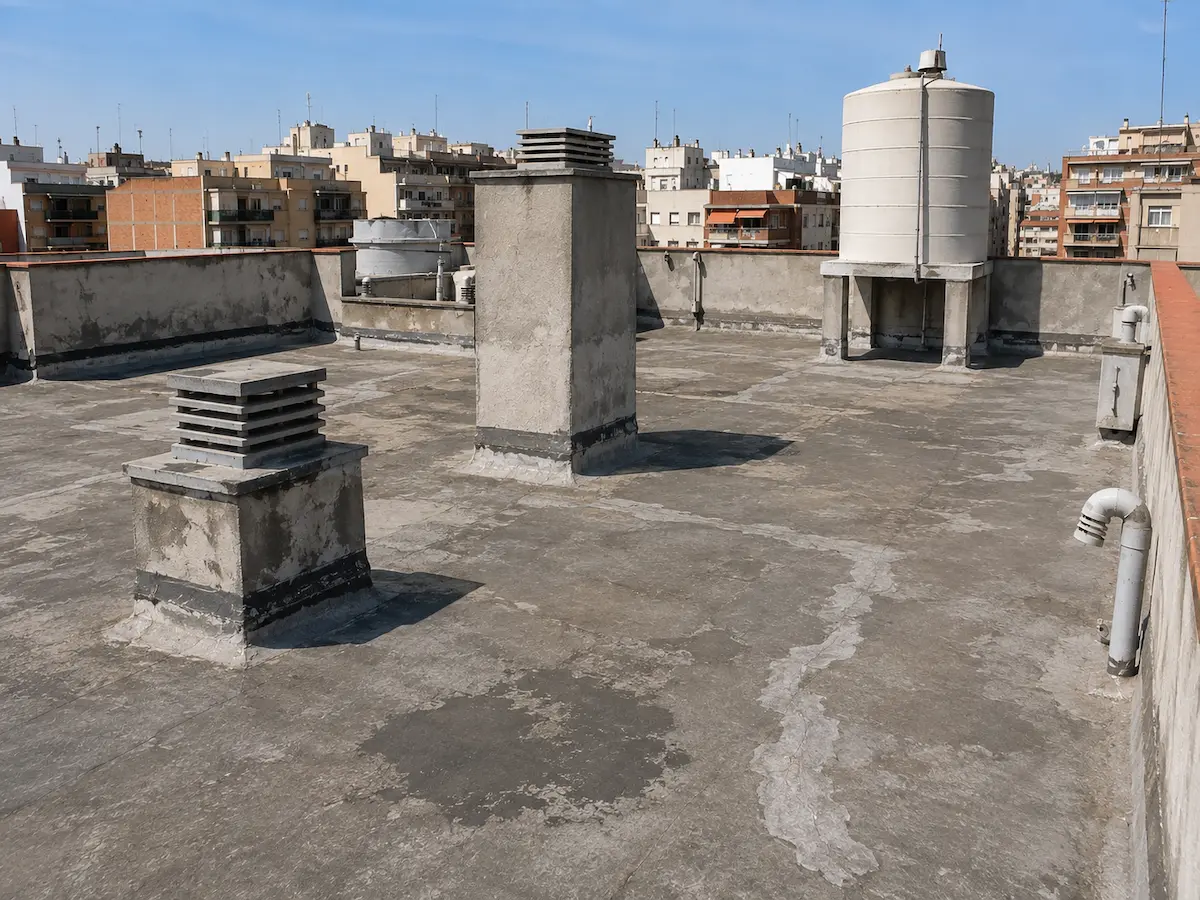 Azotea comunitaria deteriorada antes de impermeabilizar en Valencia