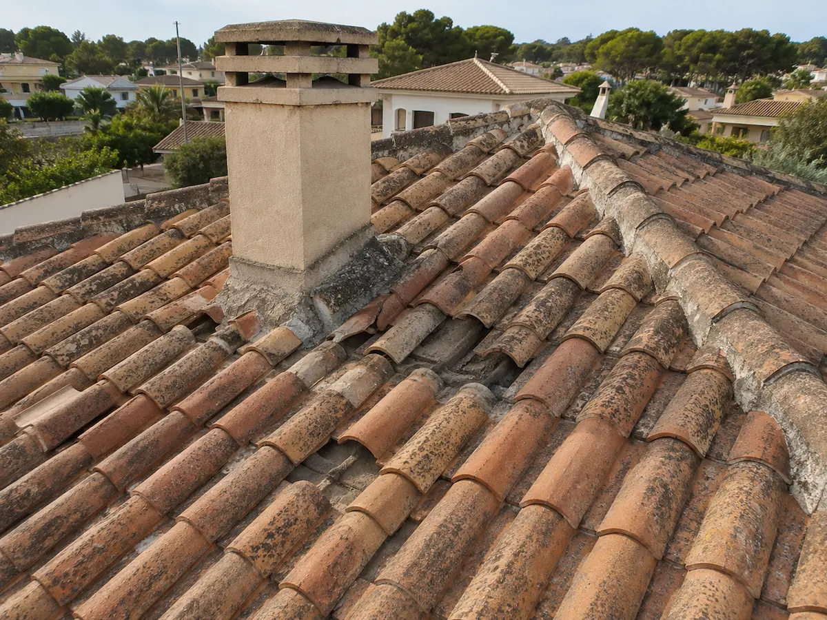 Tejado de teja con goteras antes de su reparación en Valencia
